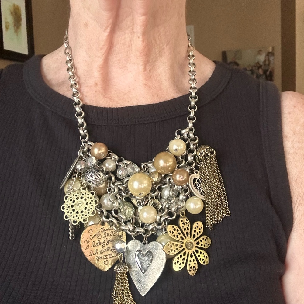 Necklace  chain chunky with silver and gold hearts and pearl charms